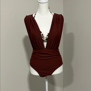 Brown and Animal Print v neck Swimsuit. Size Small.  New